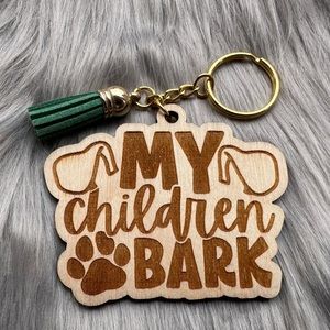 Handmade wood keychain with tassel: My children bark